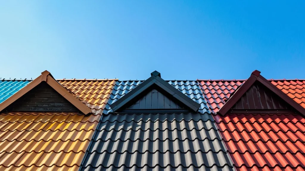 A row of colourful tiled roofing designs displayed under a blue sky, showing material choices from Roofing Whangarei.